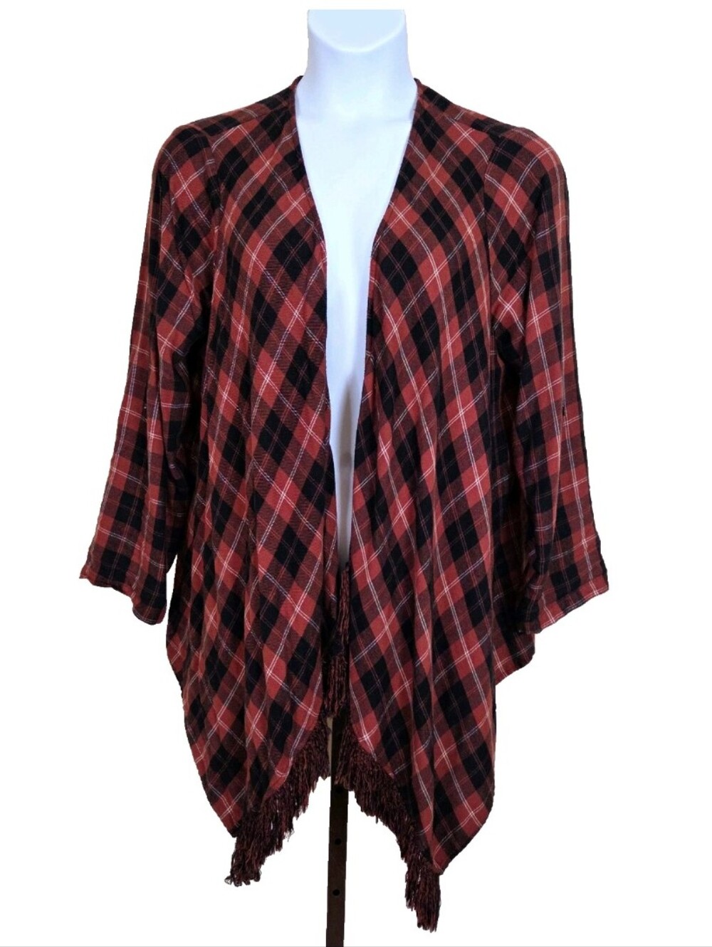 Torrid Size 2 2X Orange Plaid Flannel Drape Front Kimono Fringe Roll Tab Sleeves